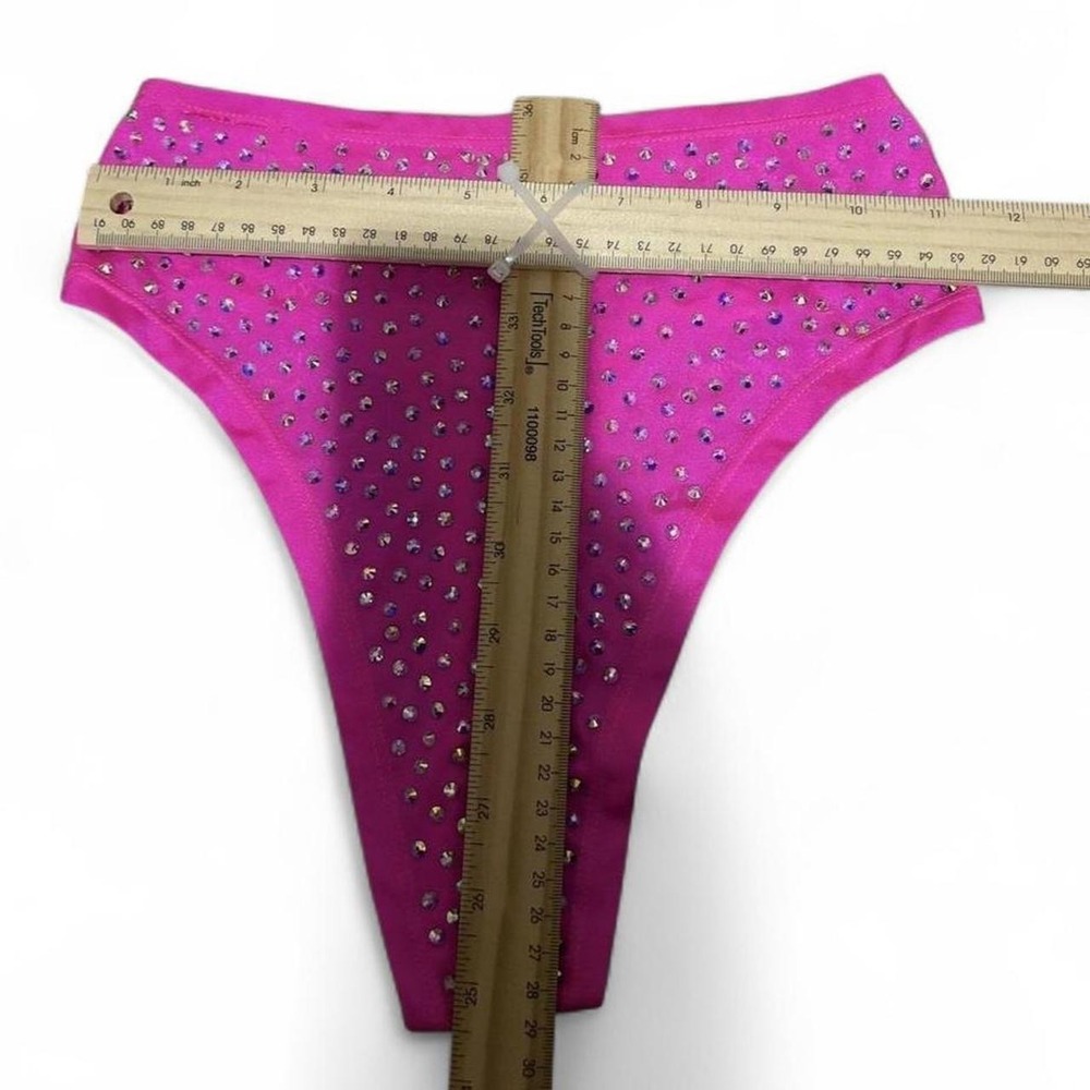 Pink Rhinestone Triangle High Waist Bikini Set Rave Pole Exotic Dance - Picture 5 of 9